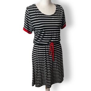 Exist Sz S Women's Dress Jersey Black White Red Striped Short Sleeve Knee Length